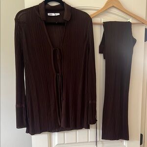 Zara Chocolate Brown Pleated Blouse and pant set. NWT lightweight sheer M/L